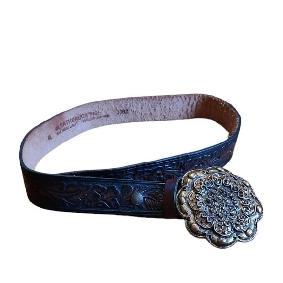 Leatherock Accessories - Belt Dark Brown Leather Belt with a large floral Bucklewestern embellished wrap